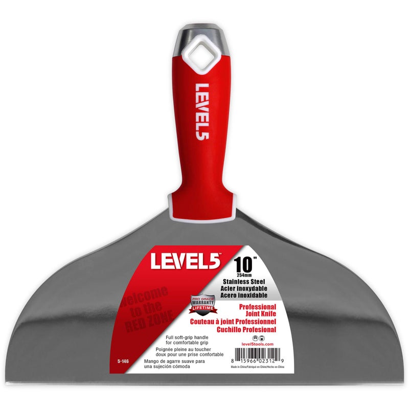Level-5 10" Soft-Grip Stainless Steel Drywall Joint Knife - LEVEL5 | Pro-Grade | Comfortable Finishing Hand Tool | Metal Hammer End | Sheetrock Gyprock Plasterboard Mud | 5-146 - Image 1